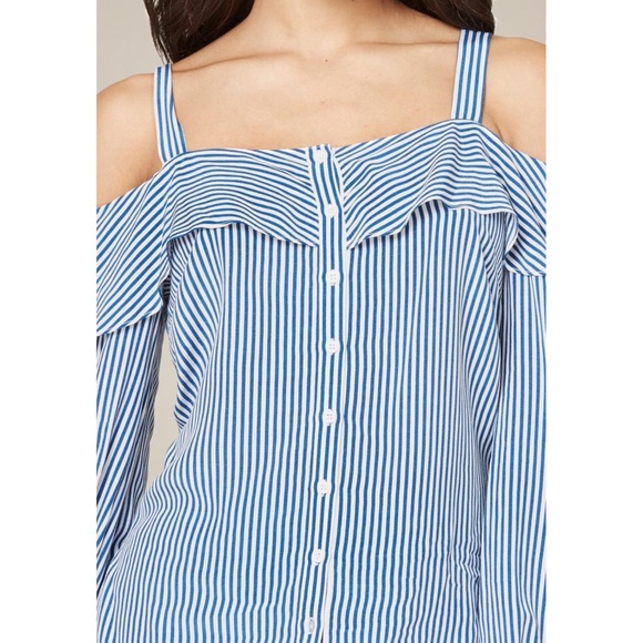 Bebe Navy Blue Striped Cold Shoulder Top - Picture 3 of 11